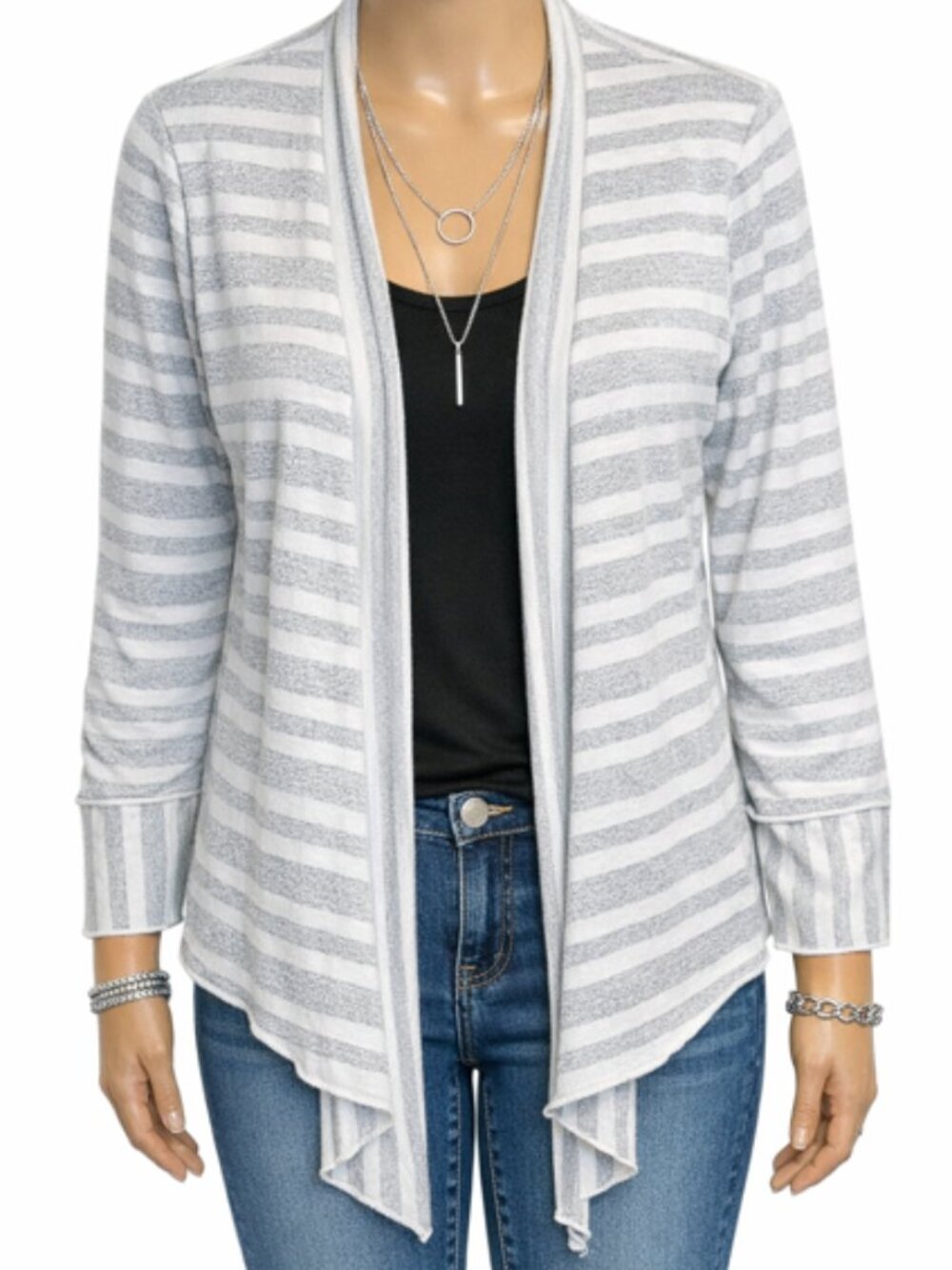 Conrad C Petite White Silver Stripe Open Cardigan M Lightweight 3/4 Sleeve Layer